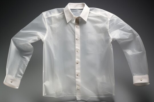 Studio shot of a transparent plastic shirt on gray background, showcasing futuristic or unconventional fashion