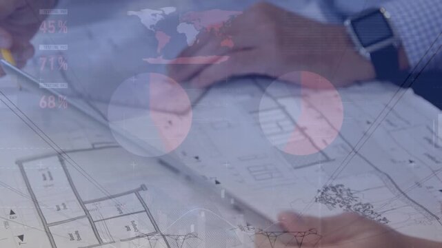 Animation of statistical data processing over mid section of engineers discussing over a plan