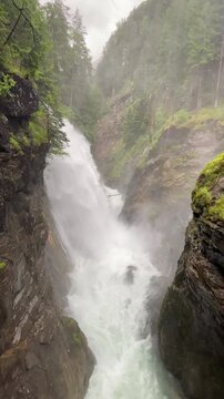 Reinbach falls or Cascate Di Riva in the Rieserferner-Ahrn Nature Park in South Tyrol Italy. The waterfall actually has three waterfalls two 50 metres (160 ft) high and one 10 metres (33 ft) high.