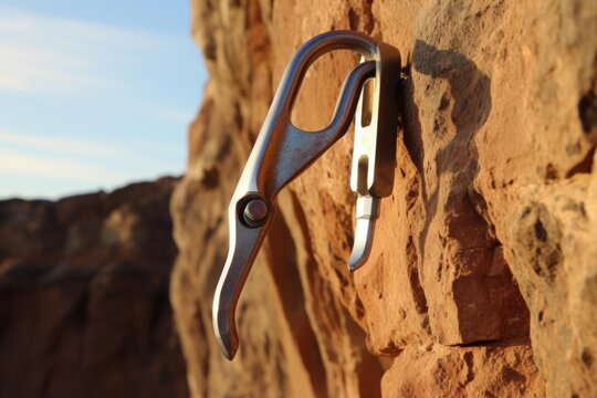 Close up of a skyhook providing safety while climbing a sandstone rock face at sunset