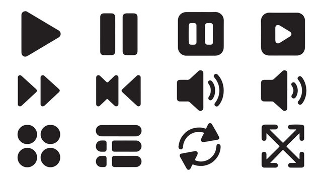 Collection of media player icons in solid black style for digital interfaces and web design