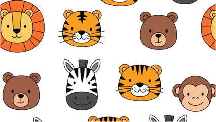 Fototapeta premium Various animal faces including tiger, bear, monkey, zebra, and lion in a playful illustration