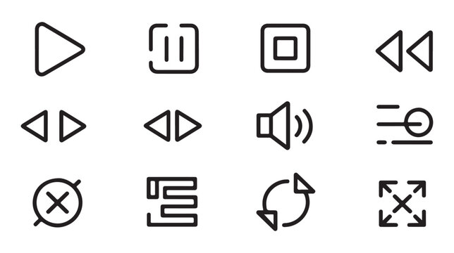 Set of play, pause, stop, previous, next, volume, playlist, repeat, and exit media player outline icons