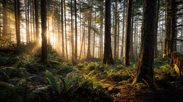 Misty Pacific Northwest forest at sunrise with sun rays filtering through fog among tall firs and cedars
