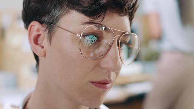 Computer, creative and business woman in office for game design, geometric shape and reflection. Tech, designer and person in startup for graphics project, 3d development and animation software