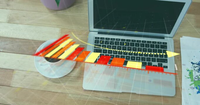 Grid appearing triggers red bars sliding over keyboard and cup and arrow shifting, visualizing data