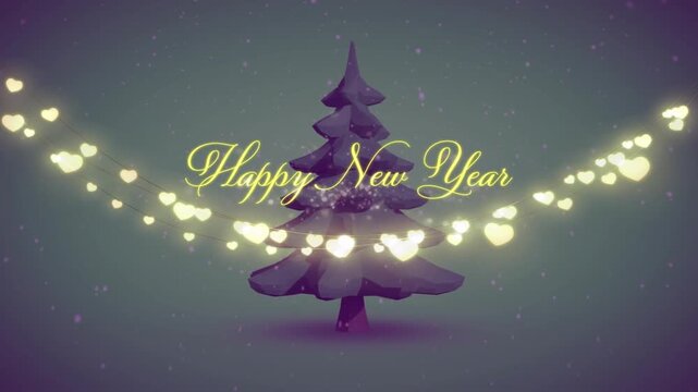 Blurred greeting appearing on gradient, hearts drifting and orbiting pine tree, sharpening New Year