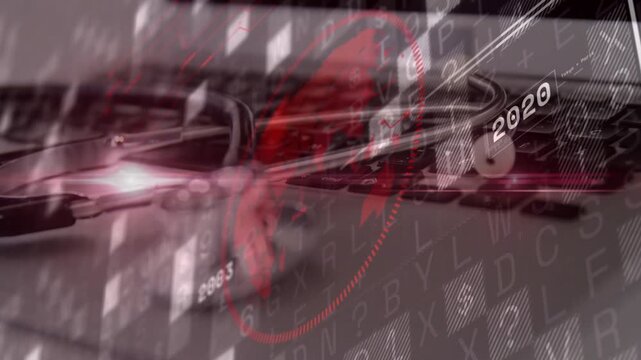 Red HUD ring shifting stethoscope advancing diaphragm shining data timeline flowing showing medtech