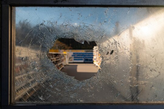 A broken window of a local supermarket, robbery, crime, theft