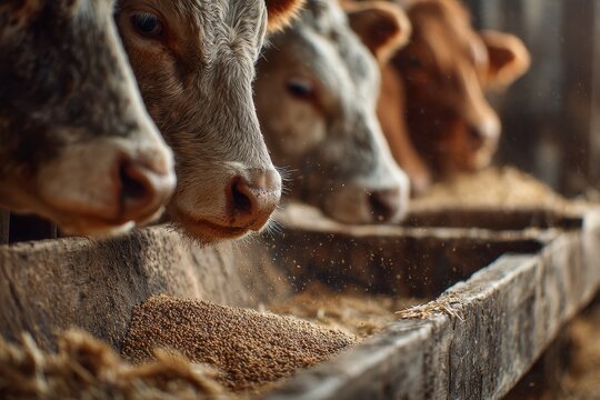 Muzzles and grain: intimate farmyard feeding moment at a trough