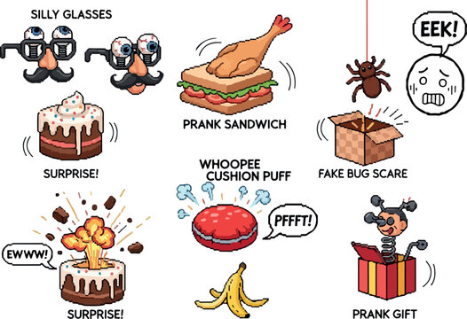 A collection of funny pranks and gags including silly glasses, a surprise cake, a whoopee cushion, and a fake bug scare