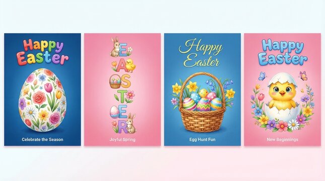 Happy Easter creative poster collection. Set of easter greeting card with cute illustrations in cartoon style. Egg hunt event invitation template. Ideal for flyer, postcard, promo. Vector eps10
