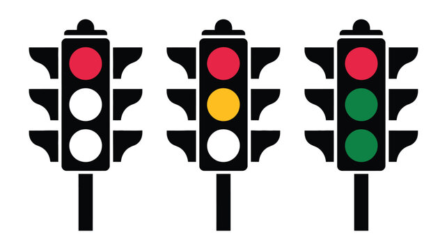 Traffic signal light icon set, vector illustrations of red, yellow, and green lights, minimal and modern design for road safety, transportation