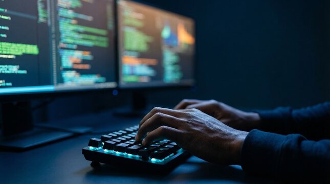 African American programmer typing on backlit keyboard in front of dual monitors with code.