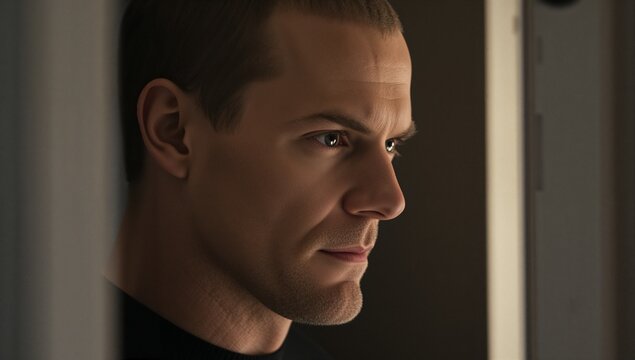 Framing right-profile man wearing dark crewneck top, looking focused near door jamb and dark wall