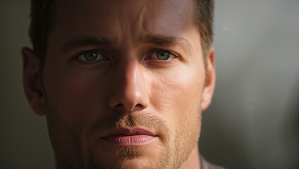 Obraz premium Facing camera fair man holding quiet look in studio showing green eyes beard and shirt collar