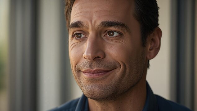 Gazing adult male showing subtle closed-mouth smile near window, with dark blue collared shirt