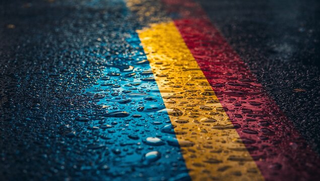 Showing three painted stripes glistening on wet paved roadway at ground level, with water droplets