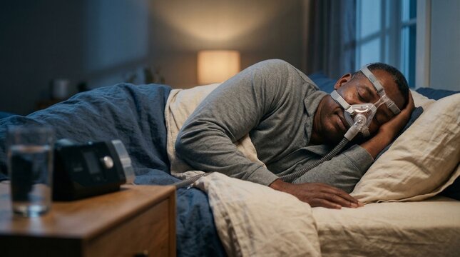 African American senior man sleeping in bed wearing a CPAP mask for sleep apnea