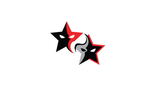 Creative logo design featuring two stylized interlocking star shapes with eye cutouts resembling theatrical masks in black and red colors.