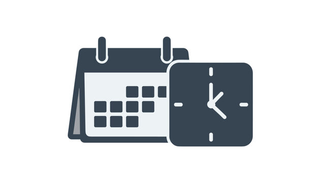 Professional business scheduling icon set featuring a dark grey calendar and a square wall clock on a white background.