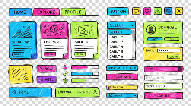 Vibrant and playful hand-drawn UI component elements, presented as colorful doodle sketches for modern website and mobile application design prototyping