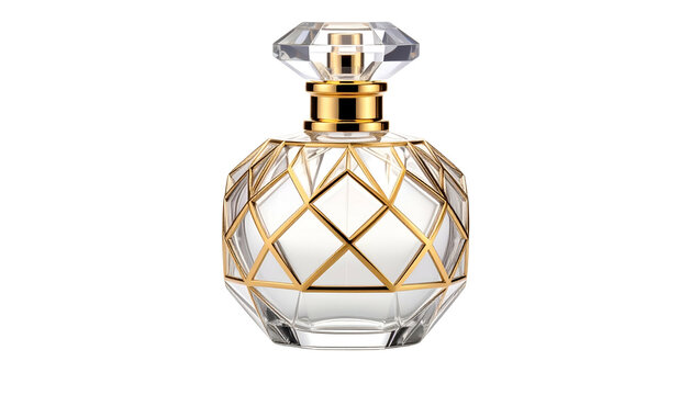 Ornate glass perfume bottle with faceted design and diamond-shaped stopper