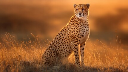 Fototapeta premium Cheetah sitting in a grassy field at sunset