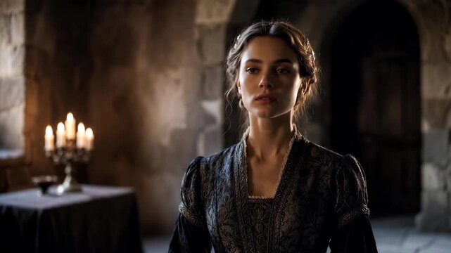 A woman in medieval attire standing in a dim stone room, realistic style, on candlelit background, concept of history