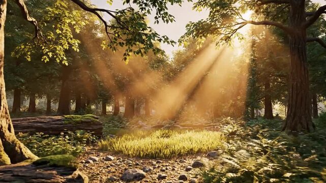 Intersecting Sunlight Beams in Forest Clearing Symbolizing Guidance and Unity