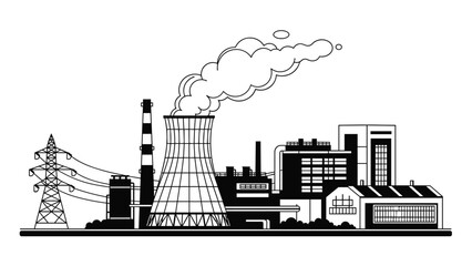 Obraz premium Detailed black and white silhouette of an industrial factory complex with smoke stacks and power lines for business icon.