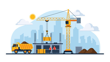 Naklejka premium Busy construction site scene with industrial crane, workers, materials, and city skyline in the background on a sunny day.