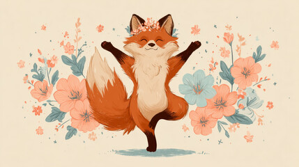 Fototapeta premium Fox dancing among flowers