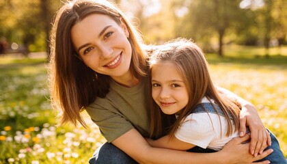 Naklejka premium Hugging mother and daughter leaning in meadow, wearing olive tee and jeans, denim overalls, bokeh