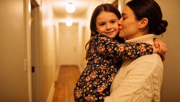 Holding mother pressing cheek to daughter in narrow hallway, wearing cream sweater and floral dress