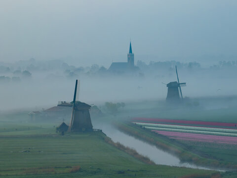 Aerial view of windmills and a church steeple piercing through a blanket of ethereal fog, the landscape painted with stripes of colorful tulips, Schermerhorn, Noord-Holland, Netherlands.