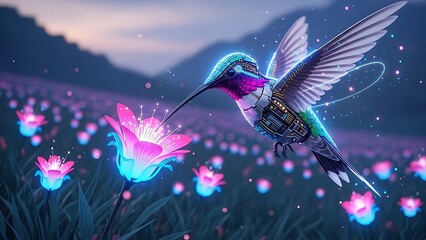 Fototapeta premium Hummingbird feeding on glowing flower in fantasy nature scene