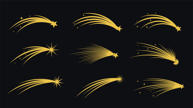 Set of nine golden shooting stars and comets with long trails on a dark background, symbolizing wishes, magic, success, and celestial movements.