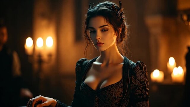A medieval lady in ornate dress in warm candlelit interior, painterly style, on dark background, concept of elegance and mystery