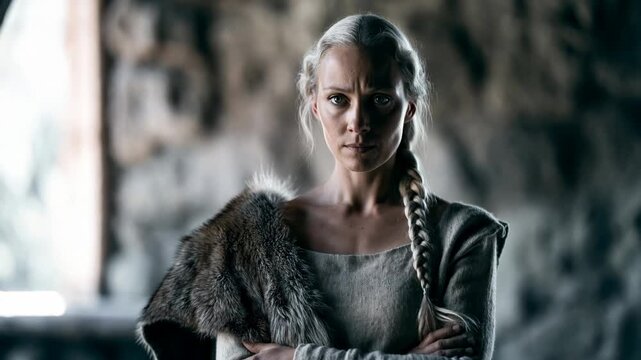 Medieval‑clad woman with braided hair in realistic style against a dim stone background, concept of resilience and heritage