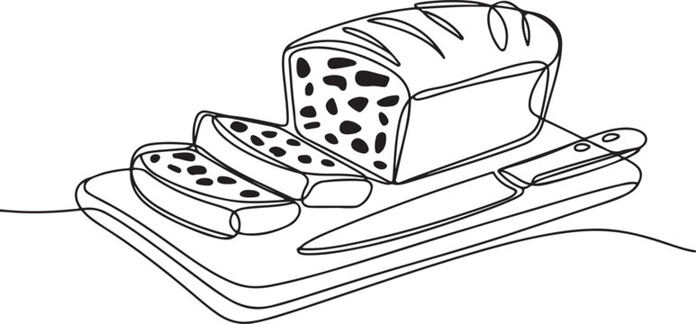Continuous one line drawing zucchini bread that has been cut into 3 pieces on a chopping board. Healthy snacks for the weekend. National Zucchini Bread Day One line draw graphic design vector