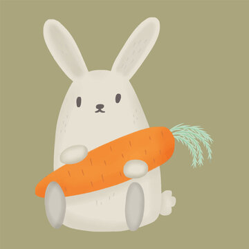 Cute bunny holding carrot adorable playful rabbit illustration