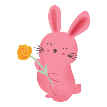 Cute pink bunny holding flower sweet adorable illustration