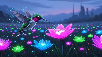 Fototapeta premium Hummingbird hovering above vibrant glowing flowers in an ethereal landscape