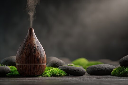 Wooden aromatherapy diffuser emitting a gentle mist among natural stones and vibrant moss