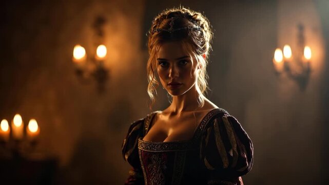 A woman in medieval gown lit in a photographic style on a dim candlelit background, expressing elegance and historical mood