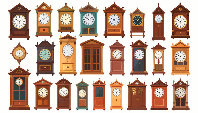 Collection of various old grandfather clocks.