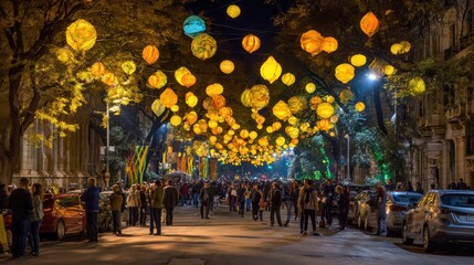 Obraz premium Lantern Festival Fills the Street With Glowing Decorations and Warm Light on a Lively Night With Many Visitors Enjoying the Celebration