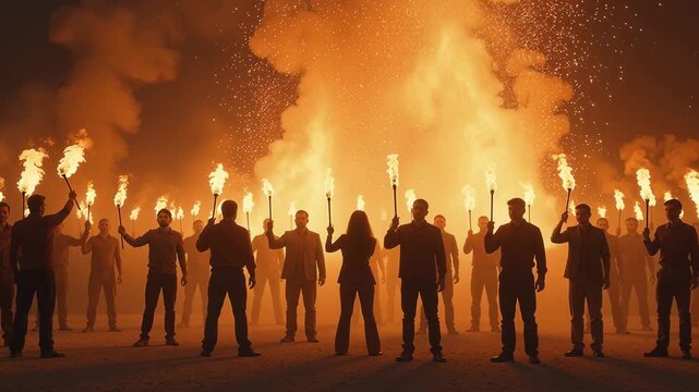 Group of People Holding Torches in Dramatic Fire Display at Night