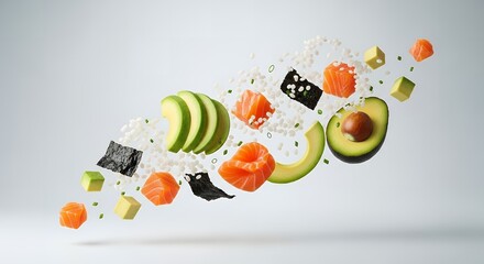 A vibrant and healthy mix of sushi ingredients, including avocado, salmon, and rice, suspended in mid-air.